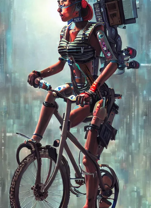 Prompt: An epic fantastic realism comic book style painting of a beautiful girl on a bicycle with robot legs, robotics, long pigtails hair, asian girl, cyberpunk, Concept world Art, ultrarealistic, hyperrealistic, dynamic lighting by Paolo Eleuteri Serpieri