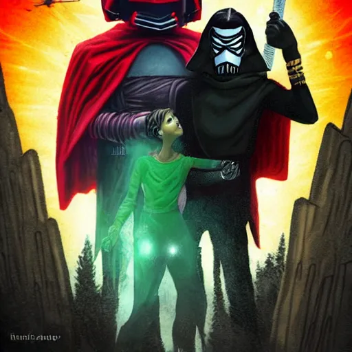 Prompt: goosebumps book r l stine book cover with rey and kylo ren, in the style of tim jacobus