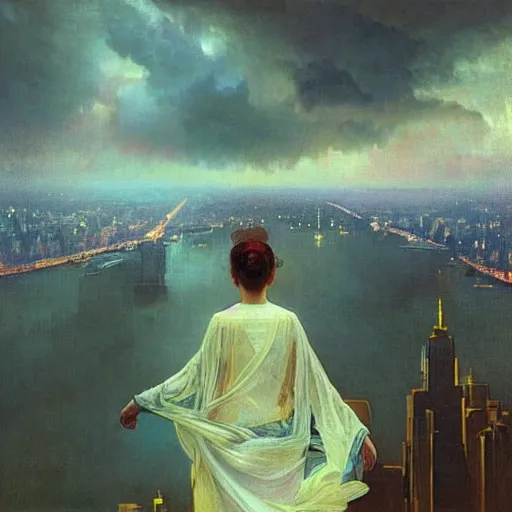 Image similar to “ a girl standing on a ledge looking down at a futuristic new york city below, fog, storm clouds, rain, detailed face, oil painting, by alphonse mucha ”