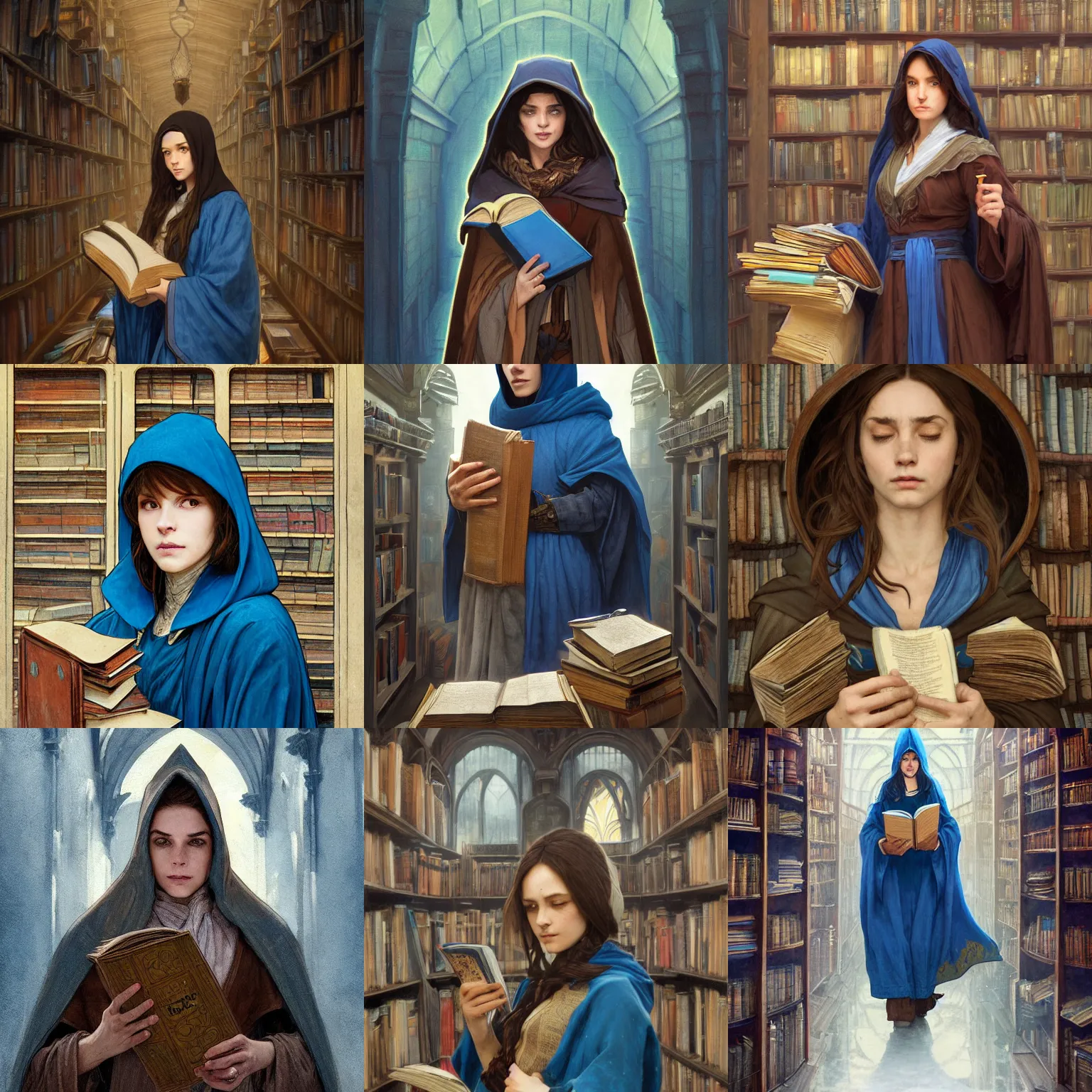 Prompt: portrait of a female wizard with brown hair wearing a blue hood and blue robe carrying a stack of books inside an old library, half body, fantasy, highly detailed, digital painting, artstation, concept art, character art, art by greg rutkowski and tyler jacobson and alphonse mucha