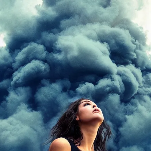 Image similar to a woman up there, cute, city, on fire, photoshop, colossal, instagram, creative and cool, giant, photo manipulation, low angle, smoke, destruction