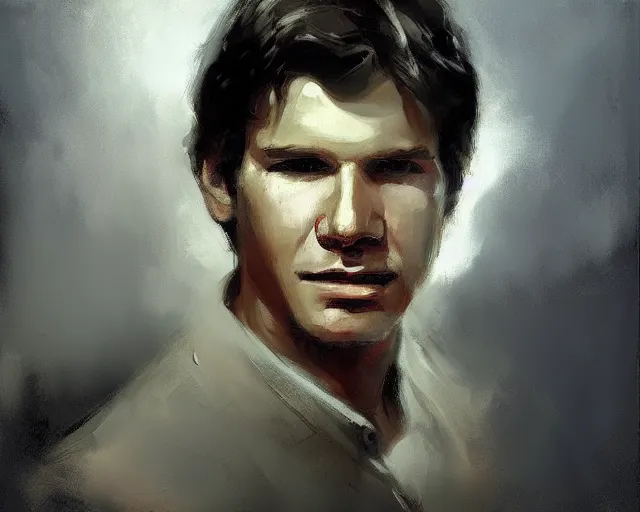 Image similar to portrait of young han solo young harrison ford in shades of grey but with brown by jeremy mann