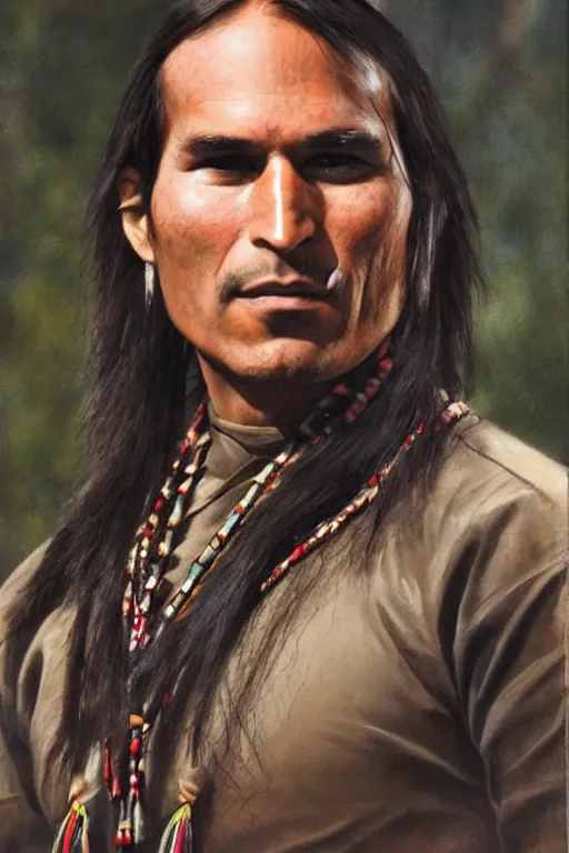 Image similar to Photo of Native American indian man Steve Jobs, portrait, skilled warrior of the Apache, ancient, realistic, detailed, Emma Watson