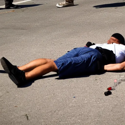 Prompt: cop shooting big bottle of water, man lying on ground