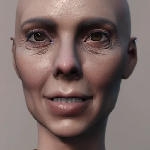 Prompt: a close up of a bald woman with olive skin, a character portrait by Eve Ryder, cgsociety, photorealism, unreal engine 5, unreal engine, prerendered graphics