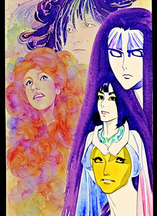 Image similar to vintage 7 0 s anime watercolor by geoff darrow, a portrait of a lady with colorful face - paint enshrouded in an impressionist watercolor, representation of mystic crystalline fractals in the background by william holman hunt, art by cicley mary barker, thick impressionist watercolor brush strokes, portrait painting by daniel garber, minimalist simple pen and watercolor