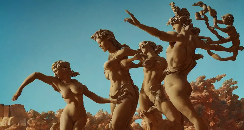 Prompt: tiny people walking at the base of greek sculpture a beautiful massive female statue, arms uplifted, surrounded by dreamy coral, syd mead, cell shaded graphics, concept art, styleframe, minimalist, golden ratio