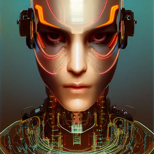 Prompt: headshot of humanoid robot from ex machina, cyborg implants, electronic brain, glowing circuitry, highly detailed, intricate and elegant, cinematic lighting, glass, transparency, jean - baptiste monge, greg rutkowski, moebius
