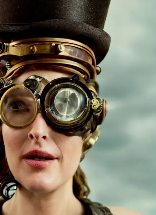 Image similar to closeup portrait of a steampunk gillian anderson wearing a top hat and goggles, depth of field, zeiss lens, detailed, symmetrical, centered, fashion photoshoot, by Annie Leibovitz and Steve McCurry, David Lazar, Jimmy Nelsson, Breathtaking, 8k resolution, extremely detailed, beautiful, establishing shot, artistic, hyperrealistic, beautiful face, octane render