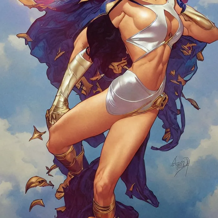 Prompt: megan fox as power girl by artgerm, greg rutkowski, alphonse mucha