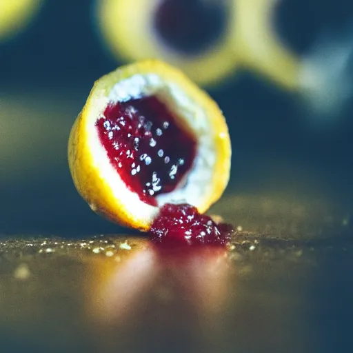 Prompt: close - up shot of a lemon covered in strawberry jam, macro lens, depth of field