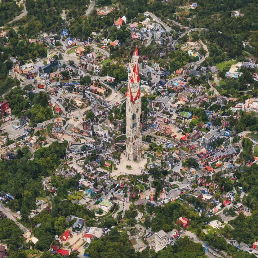 Image similar to aerial view of fantasy town with a wizard's tower in the middle, photograph, 8 k