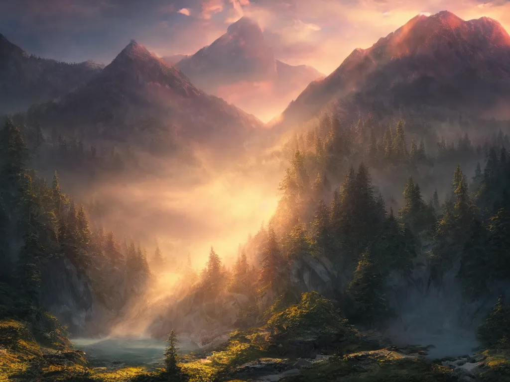 Image similar to mountain in sunset, last light, super detailed misty mood, waterfall cascades, mattepainting, otherworldly, wide angle, very detailed, god rays, artstation, 4k