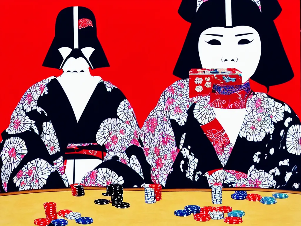 Image similar to hyperrealistic composition of the detailed woman in a japanese kimono sitting at a poker table with detailed darth vader, fireworks, mount fuji on the background, pop - art style, jacky tsai style, andy warhol style, acrylic on canvas