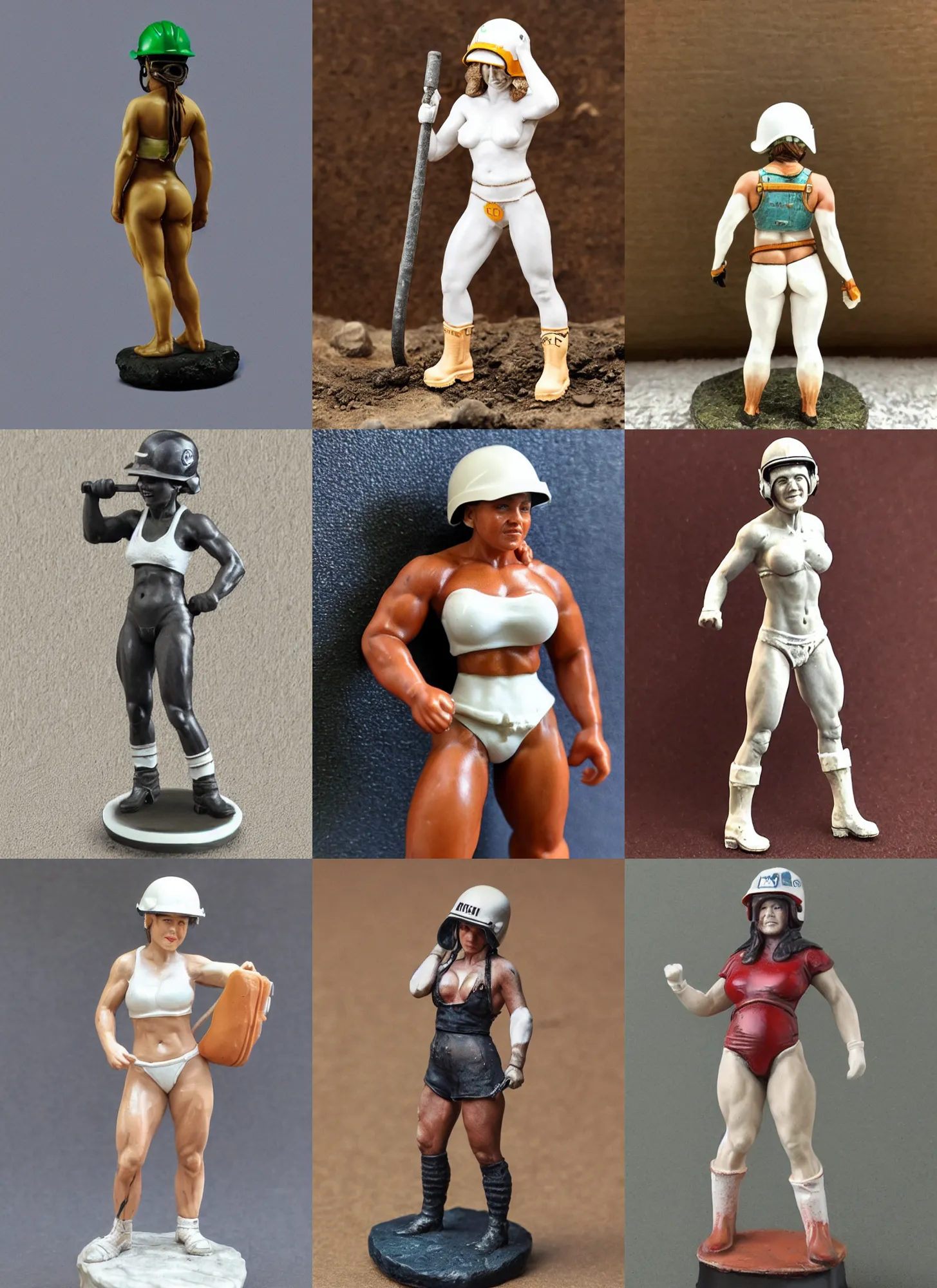 Prompt: 80mm resin detailed miniature of a very Muscular miner woman, helmet, stomach, white underpants, navel, boots, Logo, textured base; Product Introduction Photos, 4K, view from front