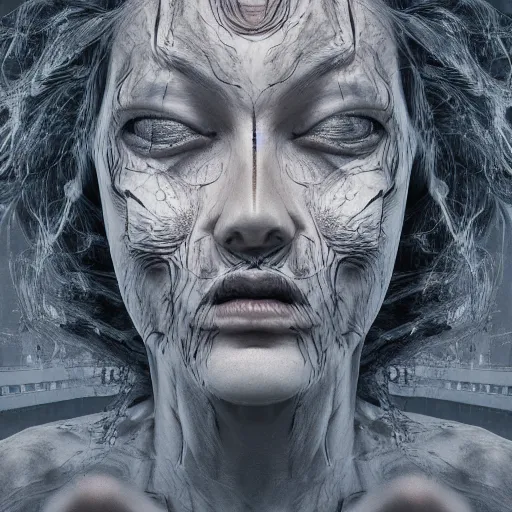 Prompt: face coming out of a face coming out of a face, fingers coming out of fingers, fingers out of toes, toe fingers, hair growin, hair scary, hyperdetailed intricate patters, octane render, 8 k