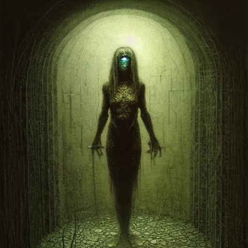 Image similar to alyson hannigan in necromancer crypt by beksinski