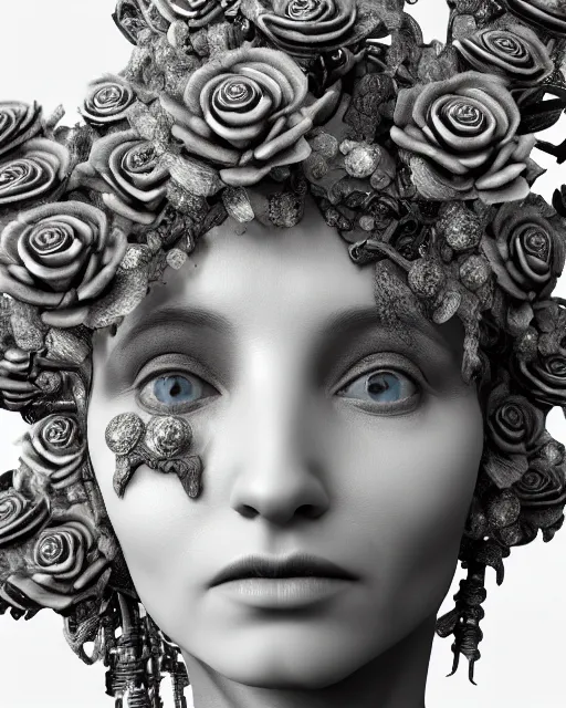 Image similar to mythical dreamy black and white organic bio - mechanical spinal ribbed profile face portrait detail of translucent steampunk beautiful female angelic - human - queen - vegetal - cyborg, highly detailed, intricate crystal ivy jelly ornate, poetic, translucent roses ornate, 3 d render, digital art, octane render, 8 k artistic photography, photo - realistic, by dora maar