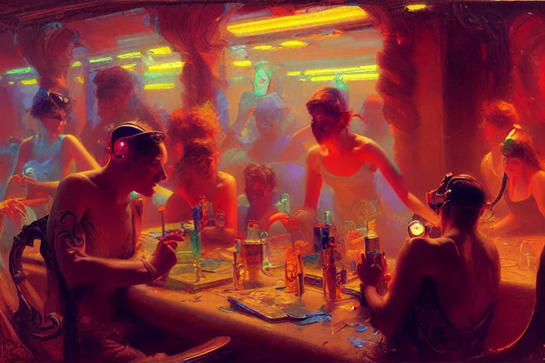 Image similar to futuristic techno party, summer, neon light, painting by gaston bussiere, craig mullins, j. c. leyendecker