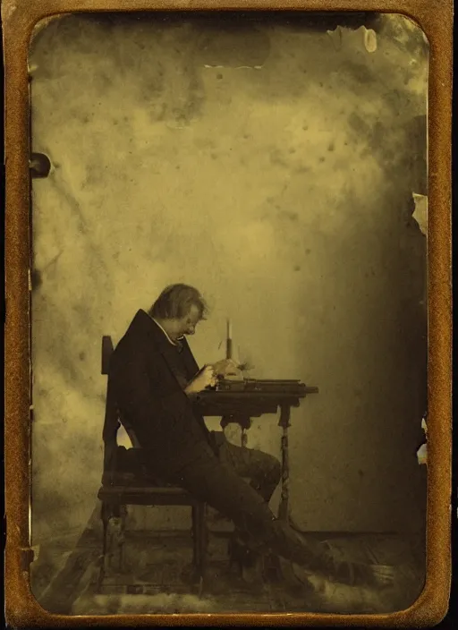 Image similar to old wetplate daguerreotype archetype portrait of a architect dreaming about his creations, explosion of data fragments, fractal, intricate, elegant, highly detailed, parallax, leica, medium format, subsurface scattering, by jheronimus bosch and greg rutkowski and louis jacques mande daguerre