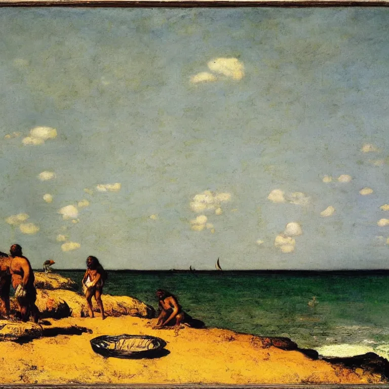 Prompt: An aborigine on the shoreline from Australia trading with a settlers coming off a boat, the settlers are wearing multicolour clothes, the ocean horizon is in the distance, wide angle shot, by Gustave Courbet