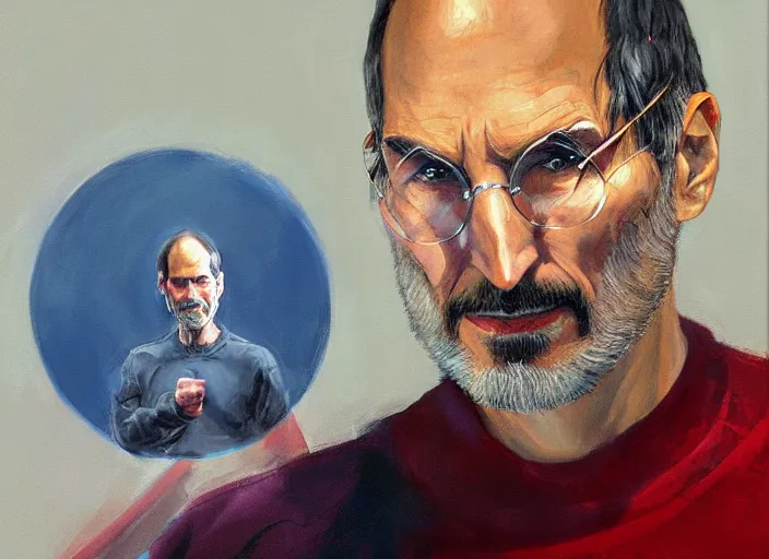 Image similar to a highly detailed beautiful portrait of steve jobs as dr strange, by gregory manchess, james gurney, james jean