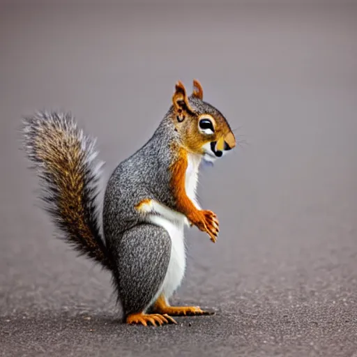 Image similar to a squirrel crossing a road with a doughnut stuck around it's head, detailed photography, close up nature