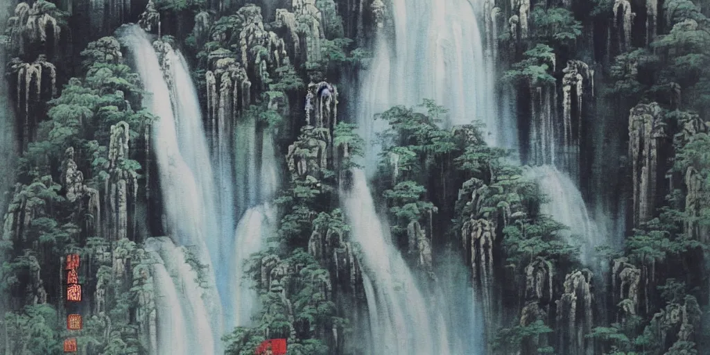 Image similar to “ large temple in the middle of waterfall in chinese watercolor painting, oil painting, masterpiece, aesthetic ”