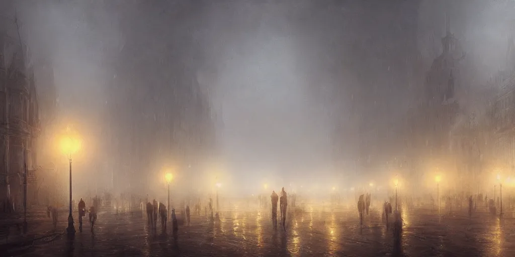 Prompt: a parade in a heavy swirling fog, soft lighting, night, stephen bliss, misty, unreal engine, digital art, 8 k, oil painting, fantasy art, illustration, detailed and intricate environment