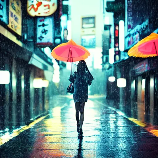 Prompt: a woman holding an umbrella, walking down the streets of tokyo, with neon signs, while it's raining. cinematic lighting, digital art. award winning