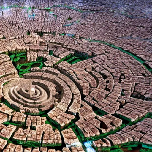 Prompt: ancient city with spiral-shaped streets drowns into insanity hyperreality art hd 8k plane view