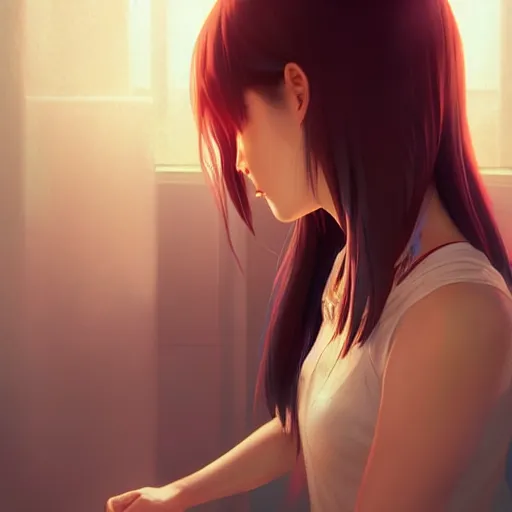 Image similar to very small little girl by ross tran : : reaching into their reflection in the mirror by sana takeda : : rtx reflections, very high intricate details, digital anime art by artgerm, medium shot, mid - shot, composition by ilya kuvshinov, lighting by greg rutkowski