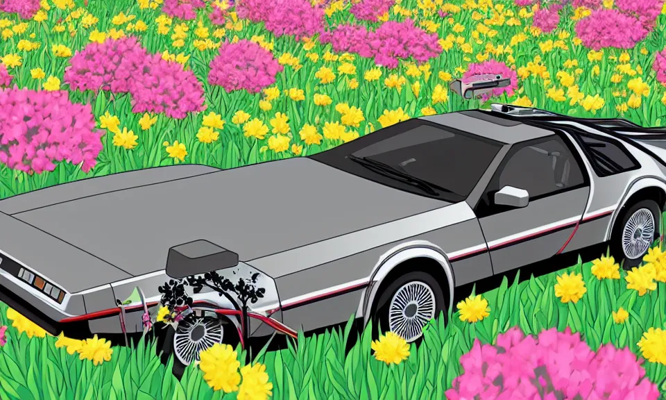 Prompt: a delorean standing in a flower field, anime style