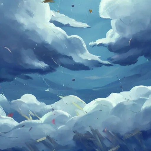 Image similar to background art of spaciously scattered longswords flowing and floating through the blowing swirling directional wind from left to right on a simple cloudy sky background, big puffy clouds, large individual rose petals, angular background elements, large polygonal fragments, anime, studio ghibli, artgerm, manga, trending on artstation, art nouveau, mature color scheme