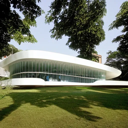 Prompt: pavillion modern architecture with glass panel high details and white organic forms by Foster le corbusier and zaha hadid