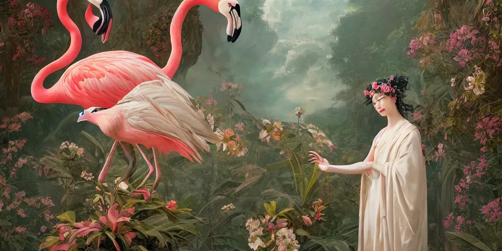 Image similar to breathtaking detailed concept art painting of the goddess of flamingo, orthodox saint, with anxious, piercing eyes, ornate background, amalgamation of leaves and flowers, by Hsiao-Ron Cheng and John James Audubon, extremely moody lighting, 8K