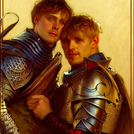 Image similar to attractive arthur pendragon and his attractive male knight, they are in love, natural lighting, path traced, highly detailed, high quality, digital painting, by gaston bussiere, craig mullins, alphonse mucha j. c. leyendecker