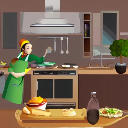 Prompt: a cook in a kitchen. 2d, 3d, artistic