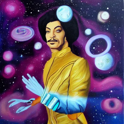 Image similar to a painting of prince in space in the style of dali. trending on artstation.