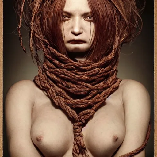 Image similar to portrait of a Shibari rope wrapped face and neck, headshot, insanely nice professional hair style, dramatic hair color, digital painting, of a old 15th century, old cyborg merchant, amber jewels, baroque, ornate clothing, scifi, realistic, hyperdetailed, chiaroscuro, concept art, art by Franz Hals and Jon Foster and Ayami Kojima and Amano and Karol Bak,