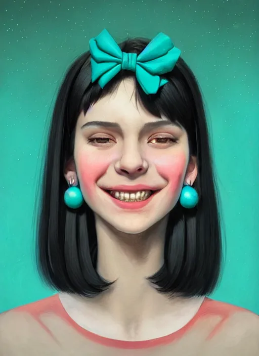 Image similar to portrait of high school girl, realistic, black hair, bangs, half updo hairstyle, pointy nose, skinny, smile, ugly, defined jawline, big chin, teal hair bow, earrings, intricate, elegant, glowing lights, highly detailed, digital painting, artstation, sharp focus, illustration, art by wlop, mars ravelo and greg rutkowski