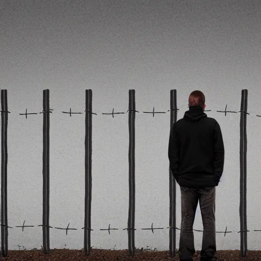 Image similar to a man standing in front of a fence with barbed wire, minimalism, dystopian art