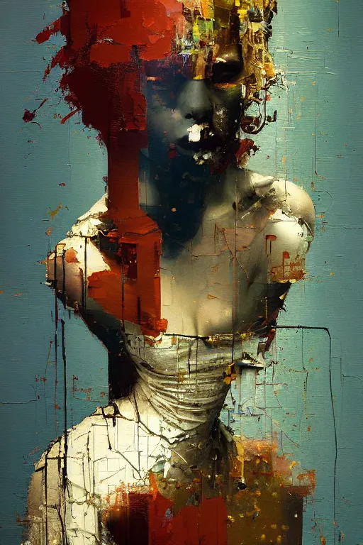 Image similar to a beautiful glitched painting by robert proch of a woman in a glitched bathroom, metal rust and plaster materials, pixel sorting, color bleeding, brushstrokes by jeremy mann, still life, dark colors