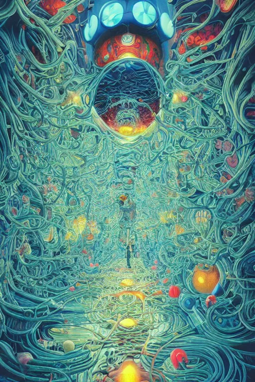 Prompt: the day neo discovered that we were in a simulation by james jean, by jacek yerka, bioluminescence, rainbow, lovecraftian, masterpiece, cosmic horror, poster art, clear focus, cinematic lighting, hyper detailed