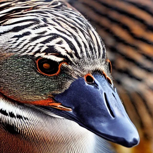 Prompt: a close up photograph of a mallard duck with tiger fur.