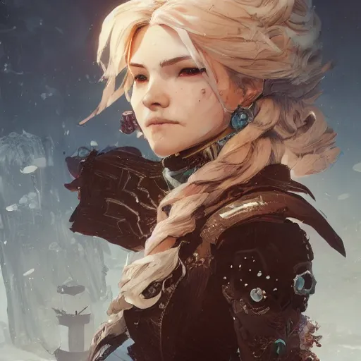 Image similar to highly detailed portrait of a pretty frostpunk necromancer lady with wavy blonde hair, by Dustin Nguyen, Akihiko Yoshida, Greg Tocchini, Greg Rutkowski, Cliff Chiang, 4k resolution