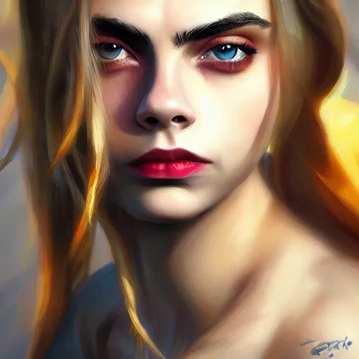 Image similar to cara delevingne, full body portrait colorful oil painting by mad dog jones, charlie bowater, yuumei, yanjun cheng, unreal 5, daz, hyperrealistic, octane render, rpg portrait, dynamic lighting, fantasy art, beautiful face