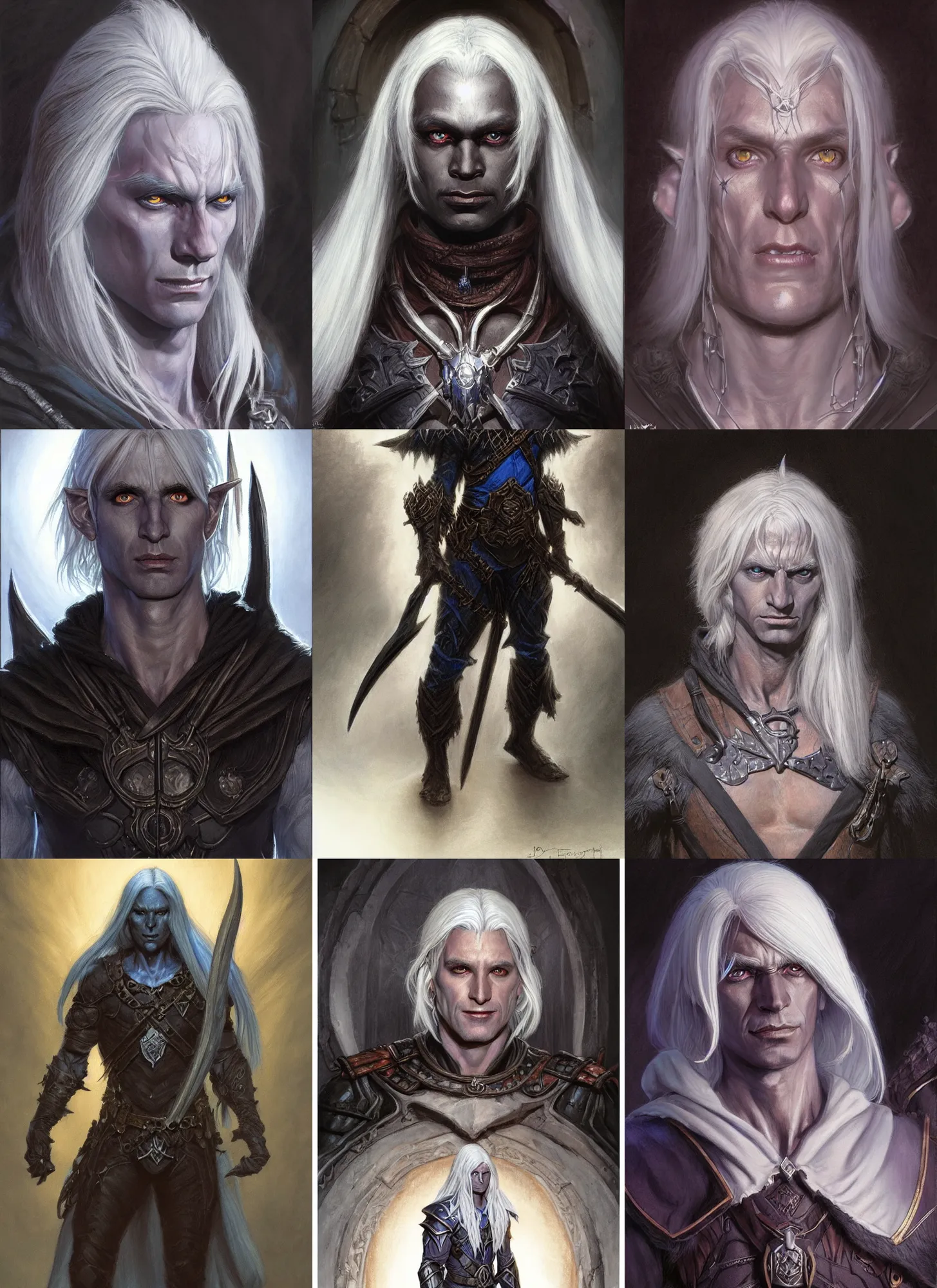 Prompt: a portrait of a dark drow elf male, medium length white hair, young adult, style by donato giancola, wayne reynolds, jeff easley dramatic light, high detail, cinematic lighting, artstation, dungeons and dragons