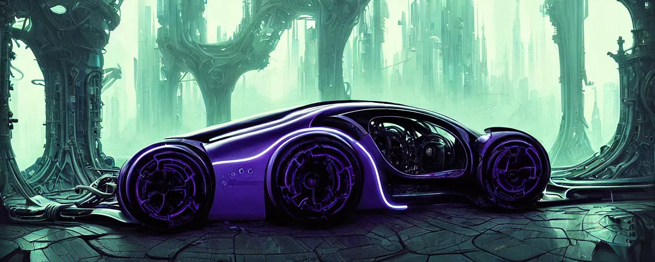 Image similar to shiny cyberpunk vehicle reminiscent of bugatti chiron with robotic enhancements parked in ancient mystic woods, gothic and baroque, brutalist architecture, ultradetailed, creepy ambiance, fog, artgerm, giger, Intricate by Ellen Jewett and Josan Gonzalez and Giuseppe Arcimboldo