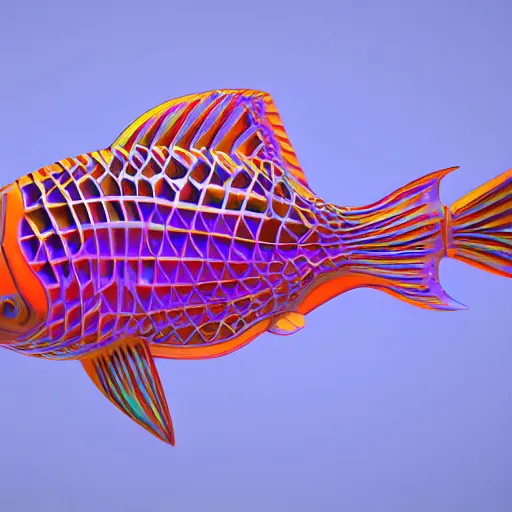 Prompt: 3D rendered aesthetic fish, chromatic material, translucent, high details, 8k, sharp, realistic